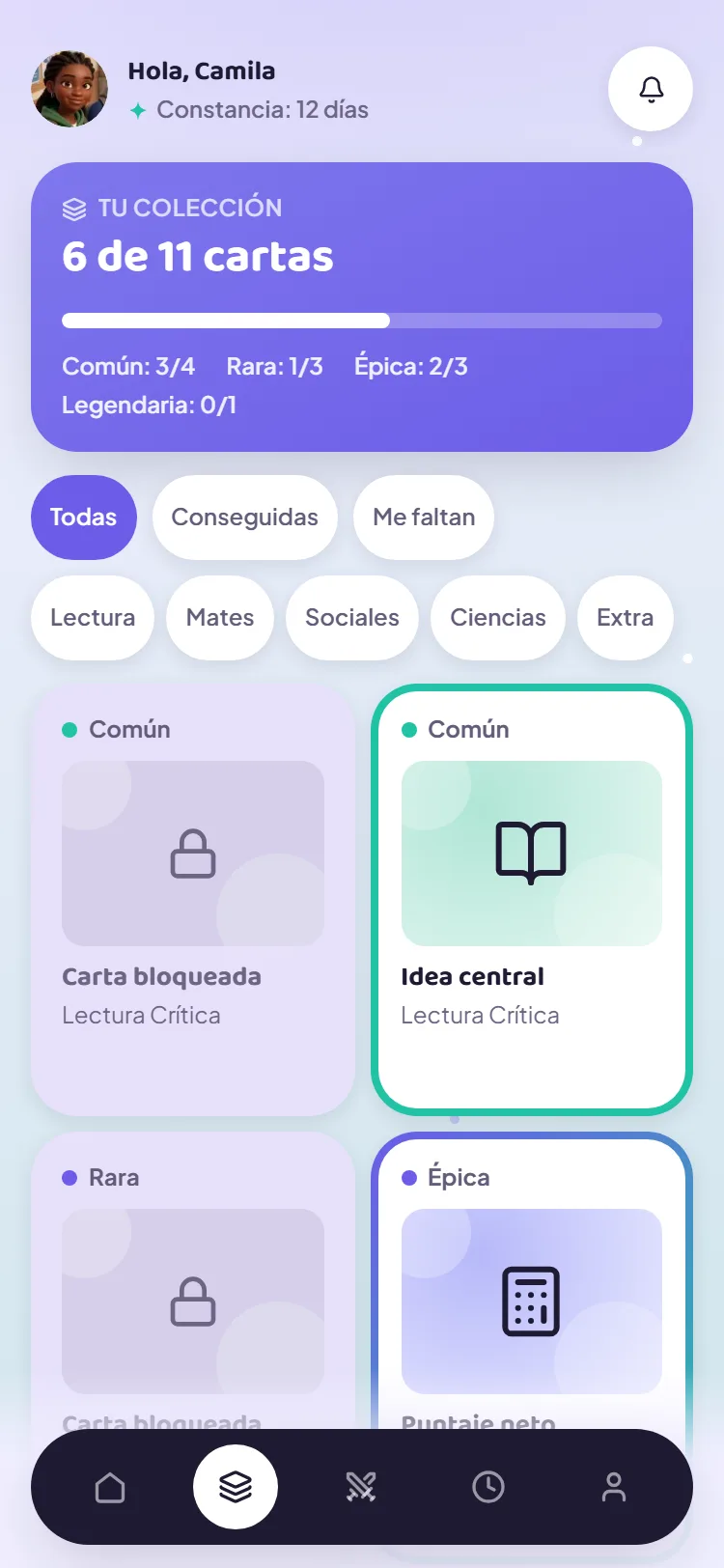 Colección de cartas con rarezas, una por cada tema dominado