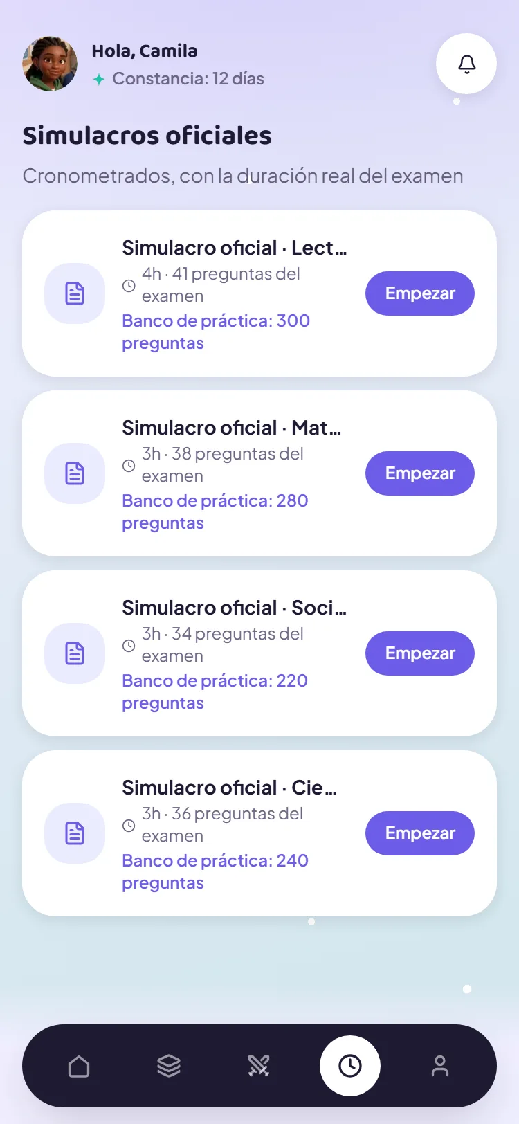 Simulacros oficiales cronometrados por materia