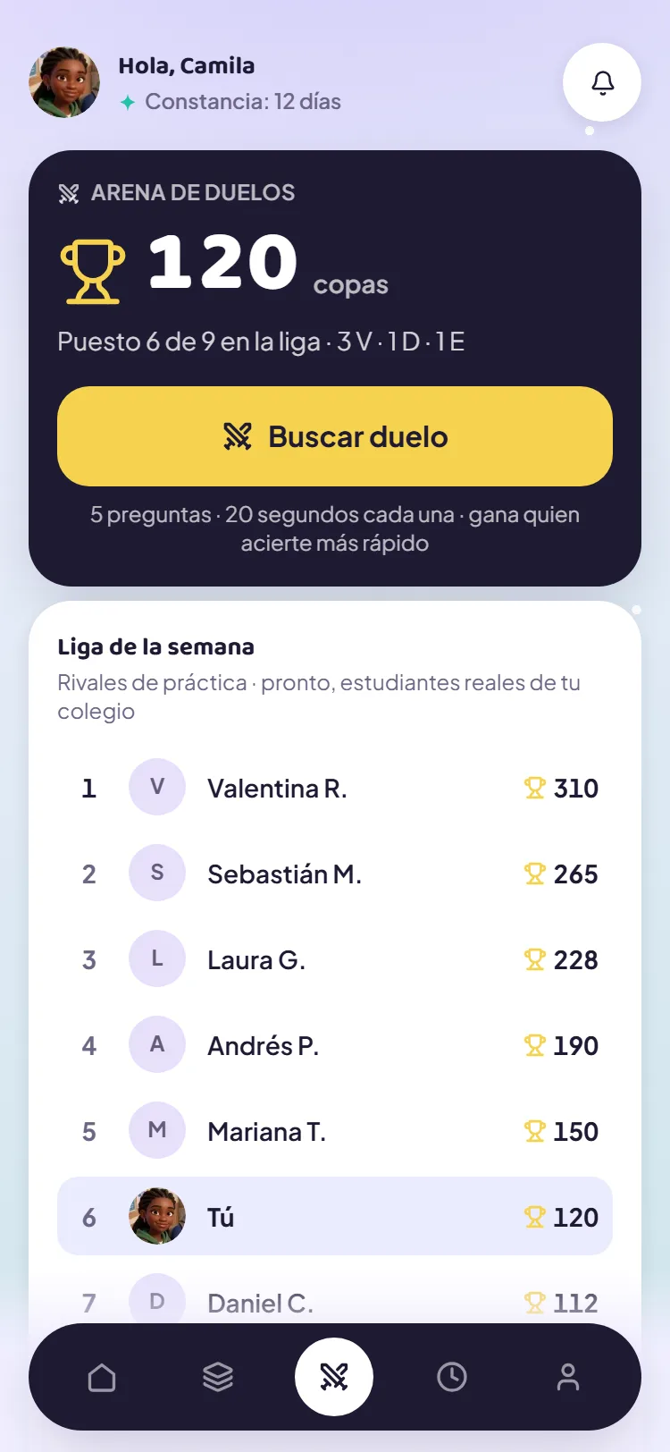 Arena de SaberFlow: duelos de 5 preguntas, copas y liga de la semana