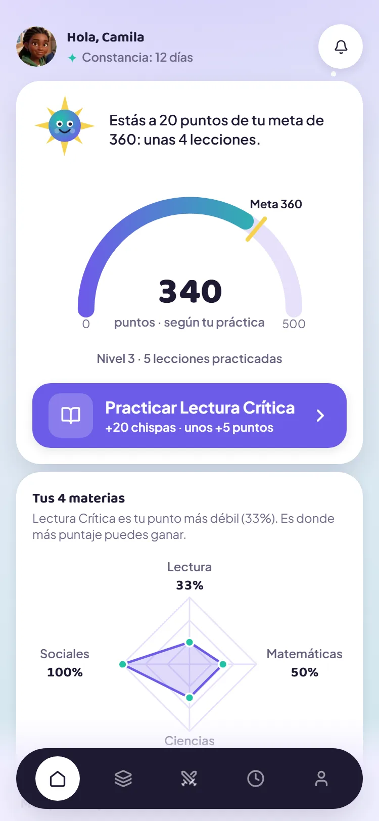 Pantalla Hoy de SaberFlow: tu puntaje estimado del ICFES, tu meta y el botón para practicar